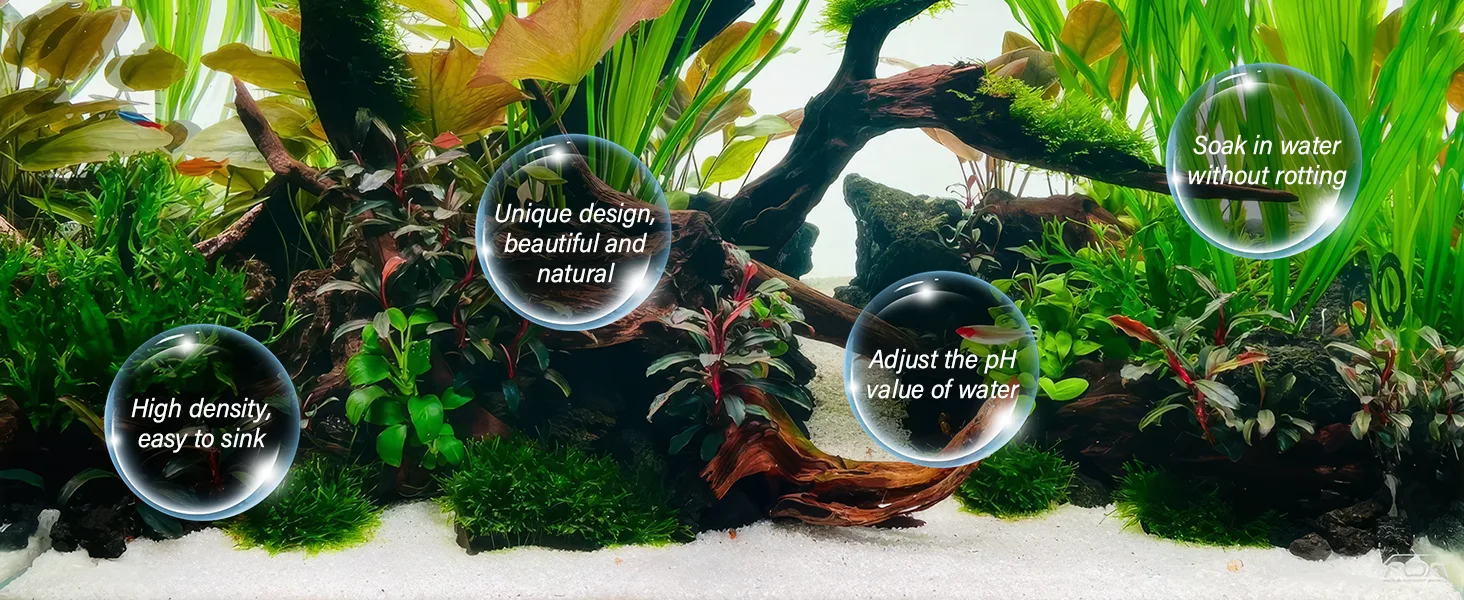 Hygger aquarium with lush plants, driftwood, and bubbles highlighting features like natural design, pH adjustment, and water-