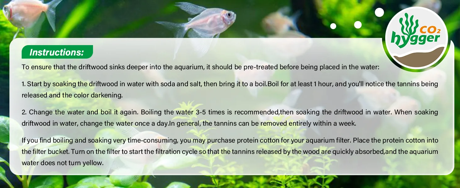 Hygger CO2 aquarium instructions for driftwood pre-treatment to prevent yellow water