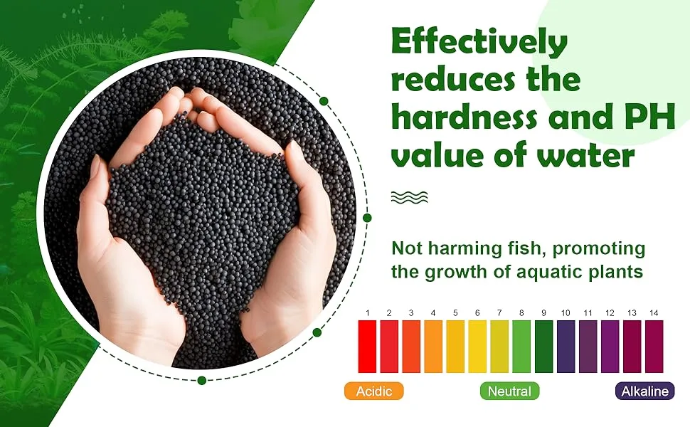 Hands holding black water softening beads, reducing water hardness and pH for aquariums, promoting aquatic plant growth.