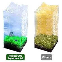 Hygger CO2 Aquarium Soil comparison showing green grass-like growth on left vs. yellowish growth on right with 'Hygger CO2 Aq