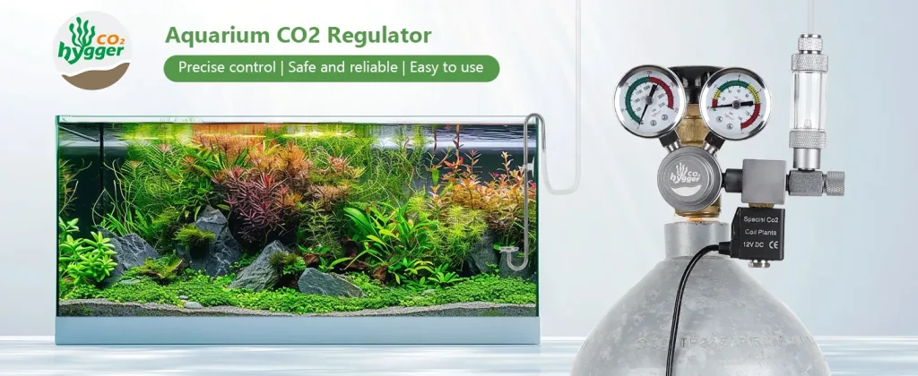 Hygger CO2 Regulator for aquariums with precise control, safety features, and easy setup. Shows a thriving planted tank and r