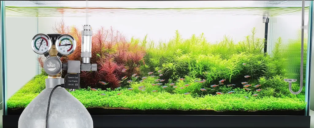 Hygger aquarium with lush plants, vibrant fish, and CO2 system for planted tank setup