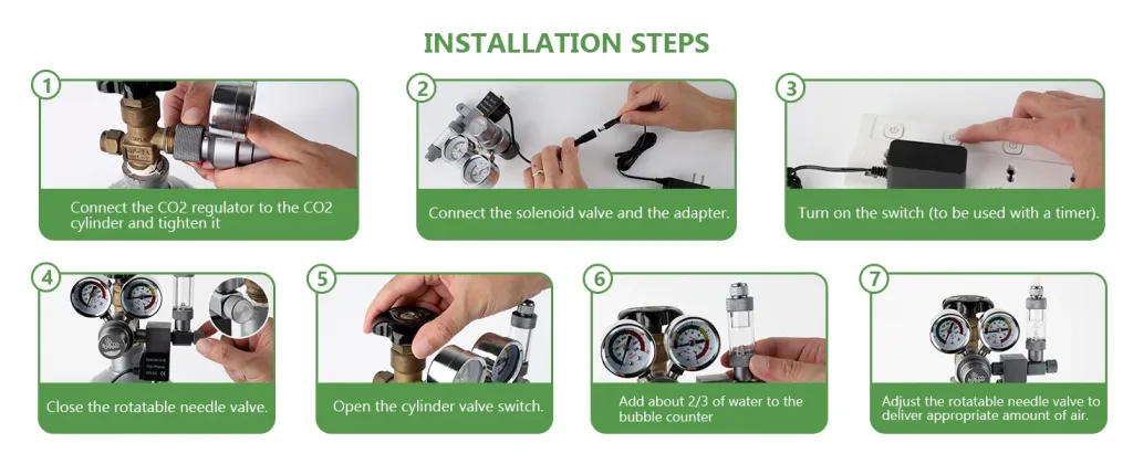 Step-by-step installation guide for CO2 aquarium system with 7 numbered instructions showing regulator connection, valve setu