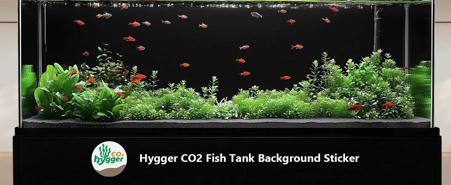 Hygger CO2 Fish Tank Background Sticker with vibrant red fish and lush green plants in a modern aquarium setup