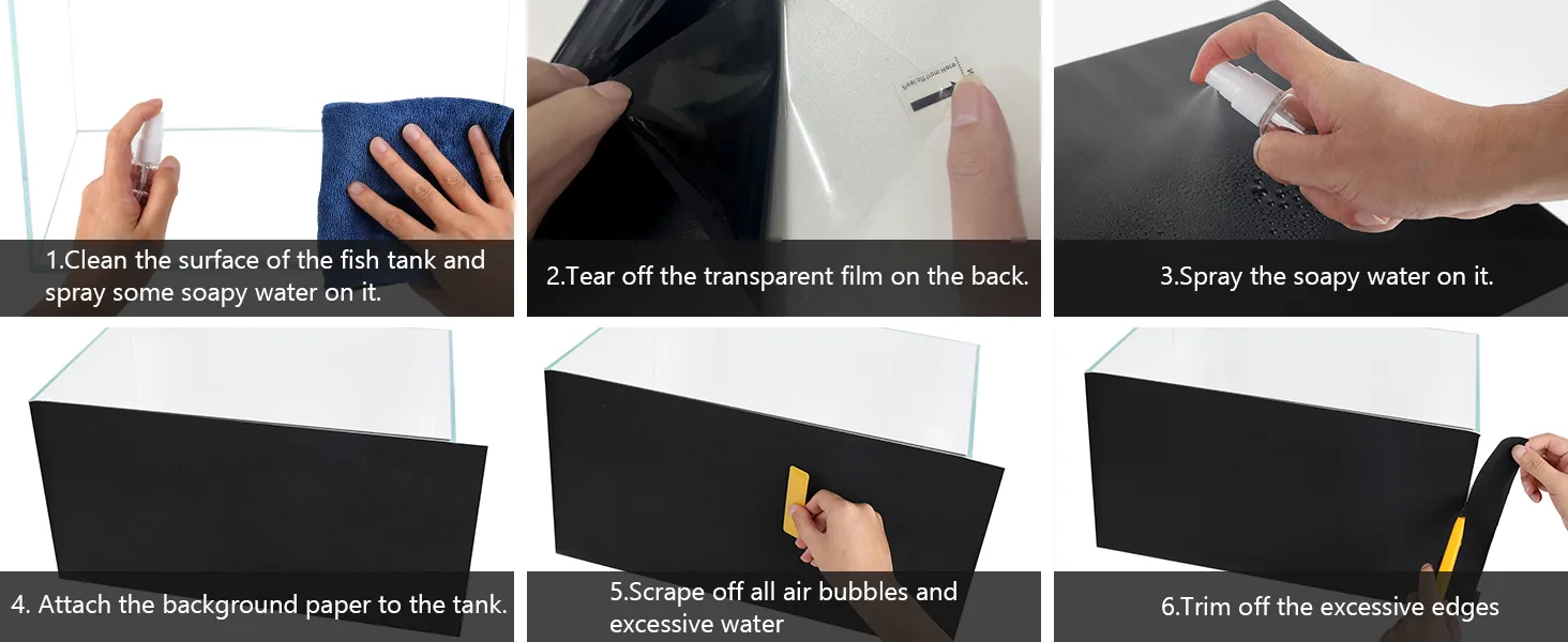 Step-by-step guide to installing aquarium background paper: clean tank, apply adhesive, spray water, attach paper, remove bub
