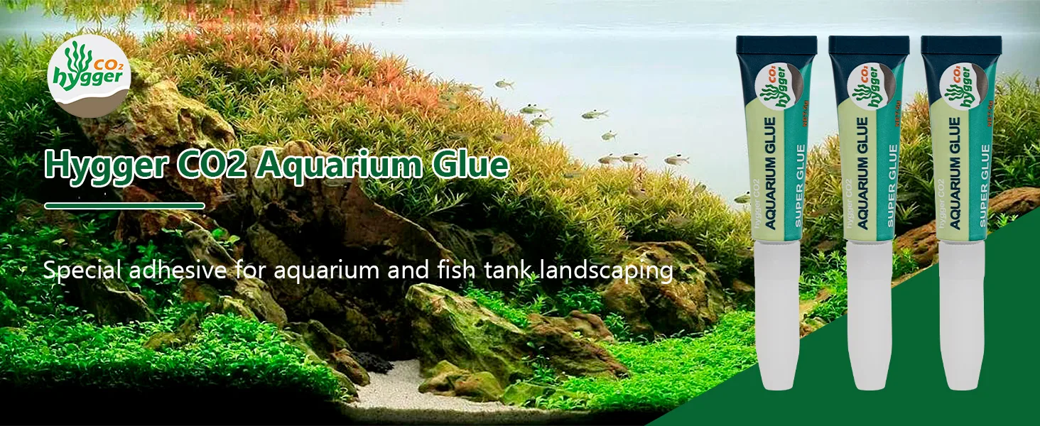 Hygger CO2 Aquarium Glue - Special adhesive for aquarium landscaping with three tubes shown against a lush planted tank backg