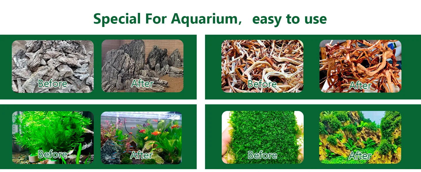 Before and after images showing aquarium products like rocks, driftwood, plants, and moss treated with a special aquarium sol