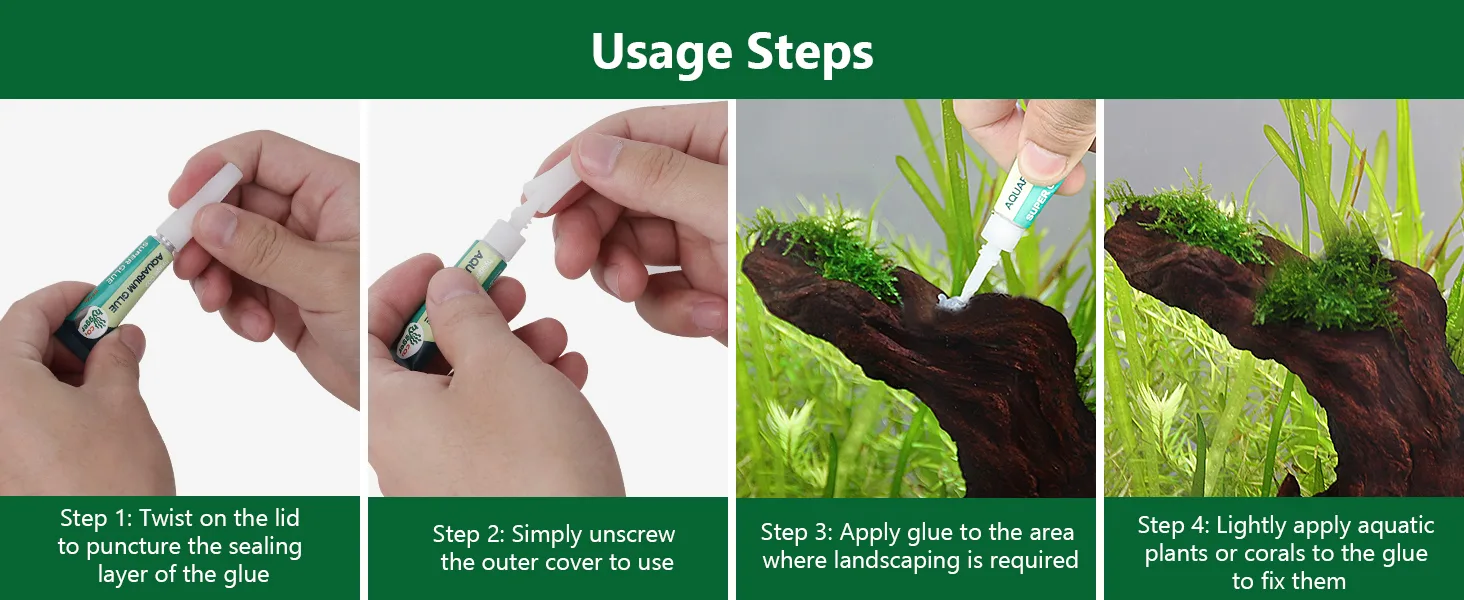 Step-by-step guide for using Aquatic Glue: twist lid, unscrew cap, apply glue to aquarium rock, attach plants
