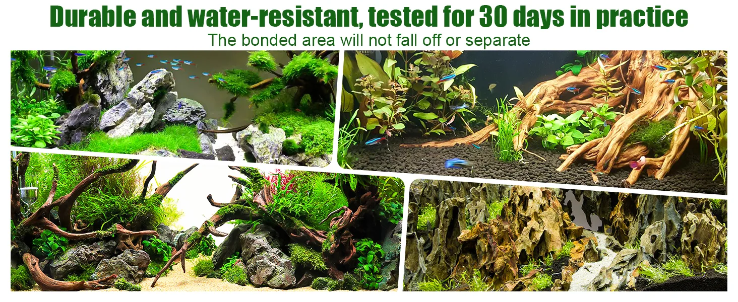 Durable water-resistant aquarium decor tested for 30 days. Showcasing lush aquatic plants, driftwood, rocks, and vibrant fish