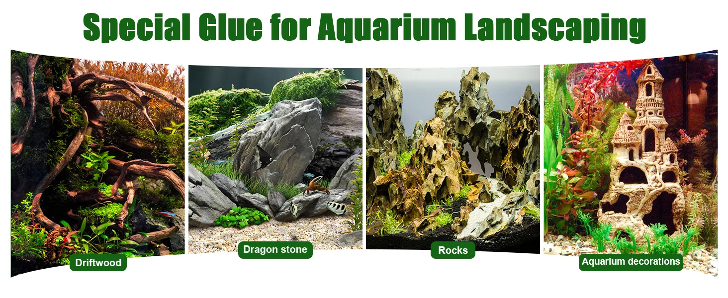 Special glue for aquarium landscaping with driftwood, dragon stone, rocks, and decorations. Secure and natural aquatic setups