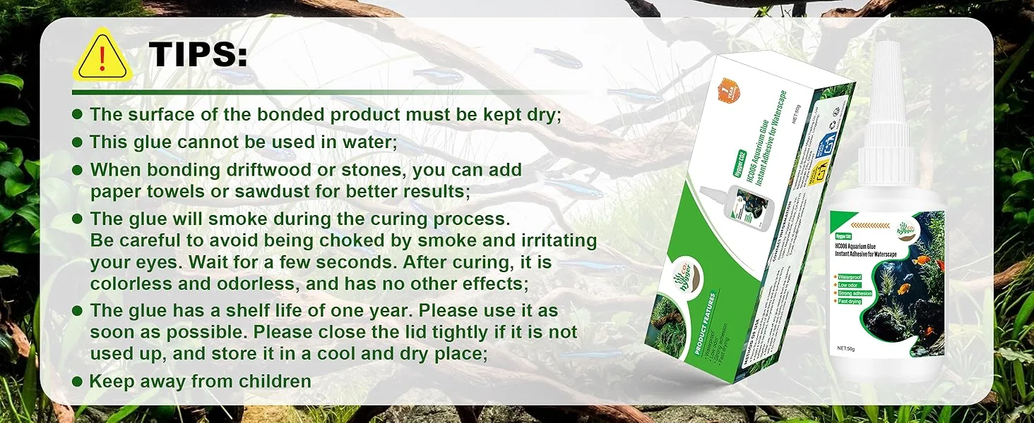 Hygger aquarium glue product box and bottle with usage tips for bonding driftwood and stones in water