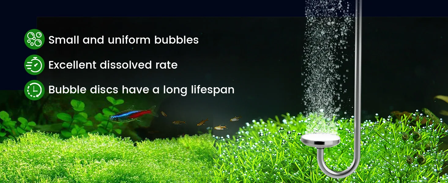 Hygger aquarium air stone with small uniform bubbles, excellent dissolved rate, and long-lasting bubble discs in a lush green