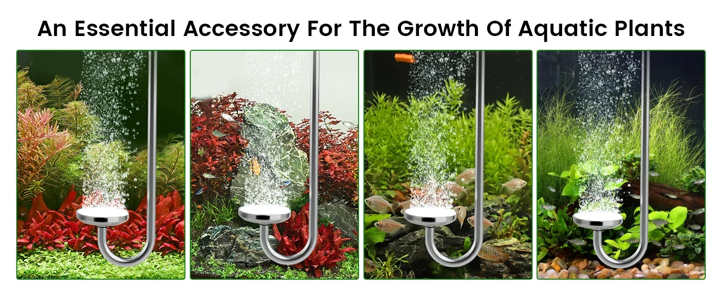 Hygger aquarium air stone promoting aquatic plant growth with bubbling water in four vibrant tank setups