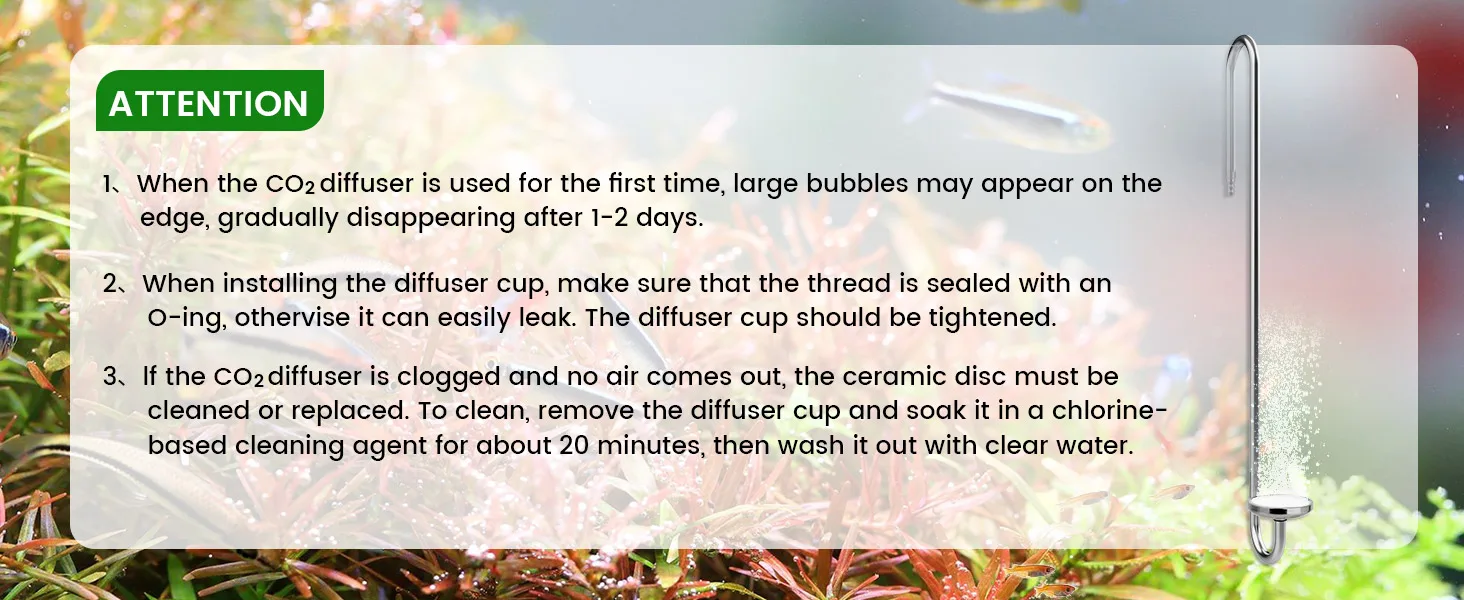 Hygger CO2 diffuser setup guide: first use bubbles, O-ring seal, and ceramic disc cleaning instructions for aquarium maintena