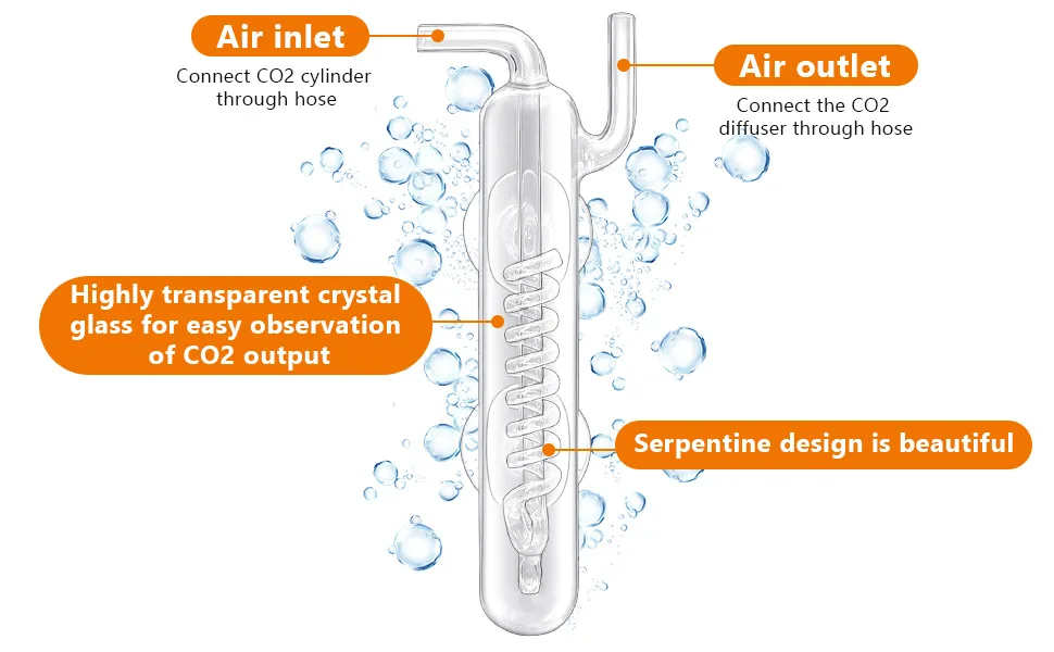 Hygger aquarium CO2 diffuser with air inlet, air outlet, and serpentine design for easy CO2 observation