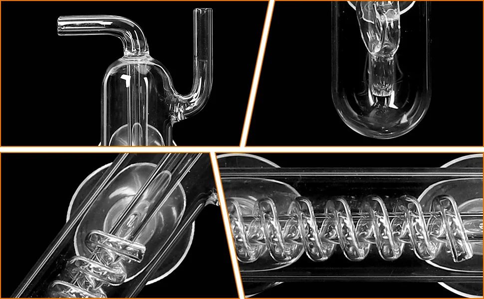 Glass aquarium components: curved tube, bulb, and coiled spring for water circulation and filtration systems