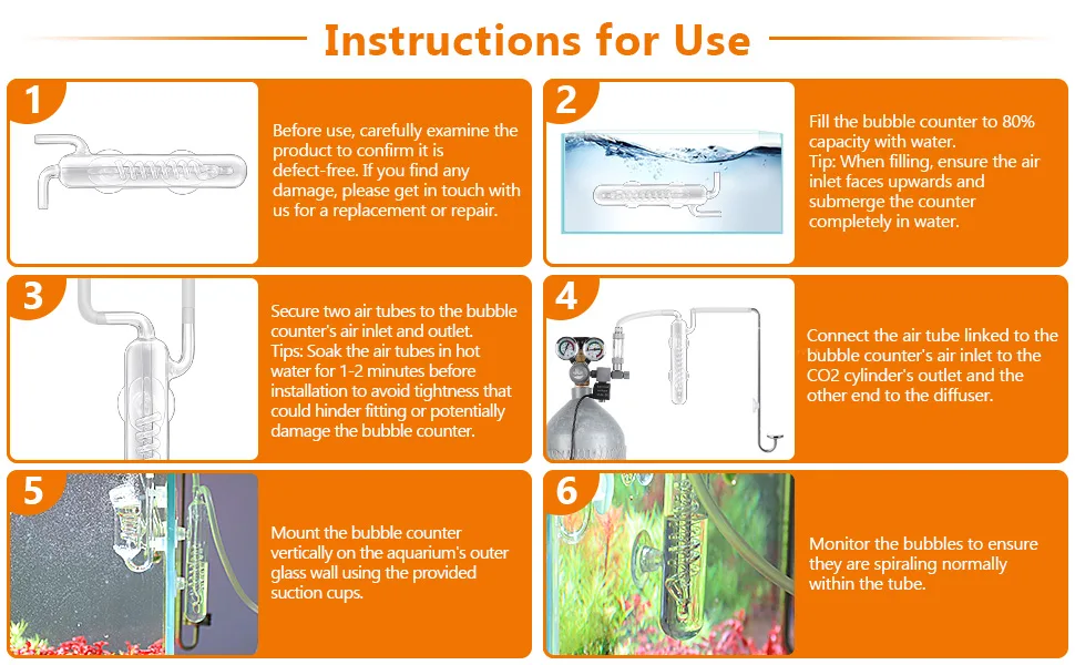 Step-by-step instructions for using Hygger aquarium bubble counter: inspect, fill, connect tubes, mount vertically, monitor b