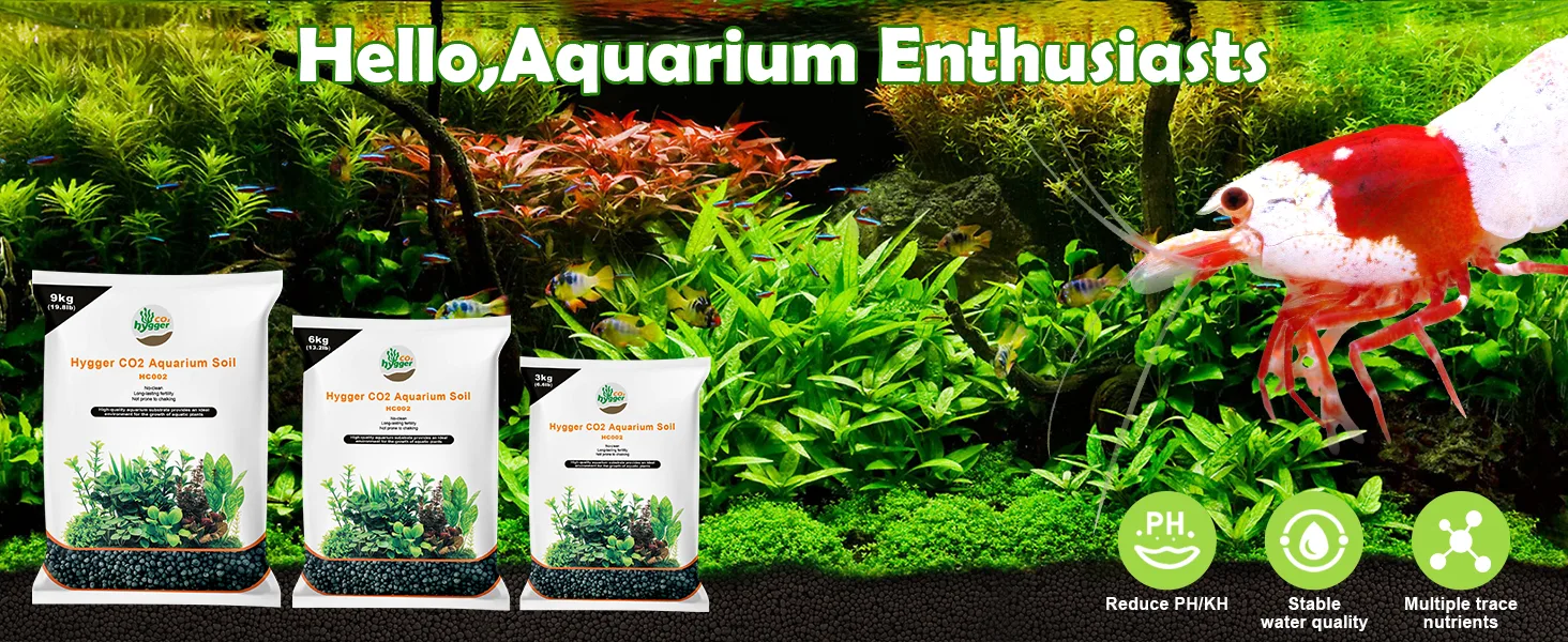 Hygger CO2 Aquarium Soil for planted tanks, with PH reduction, stable water quality, and trace nutrients. 9kg, 6kg, 3kg optio