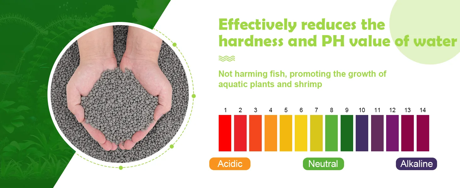 Hygger aquarium water softener pellets reducing hardness and pH, promoting aquatic plant growth with pH scale chart