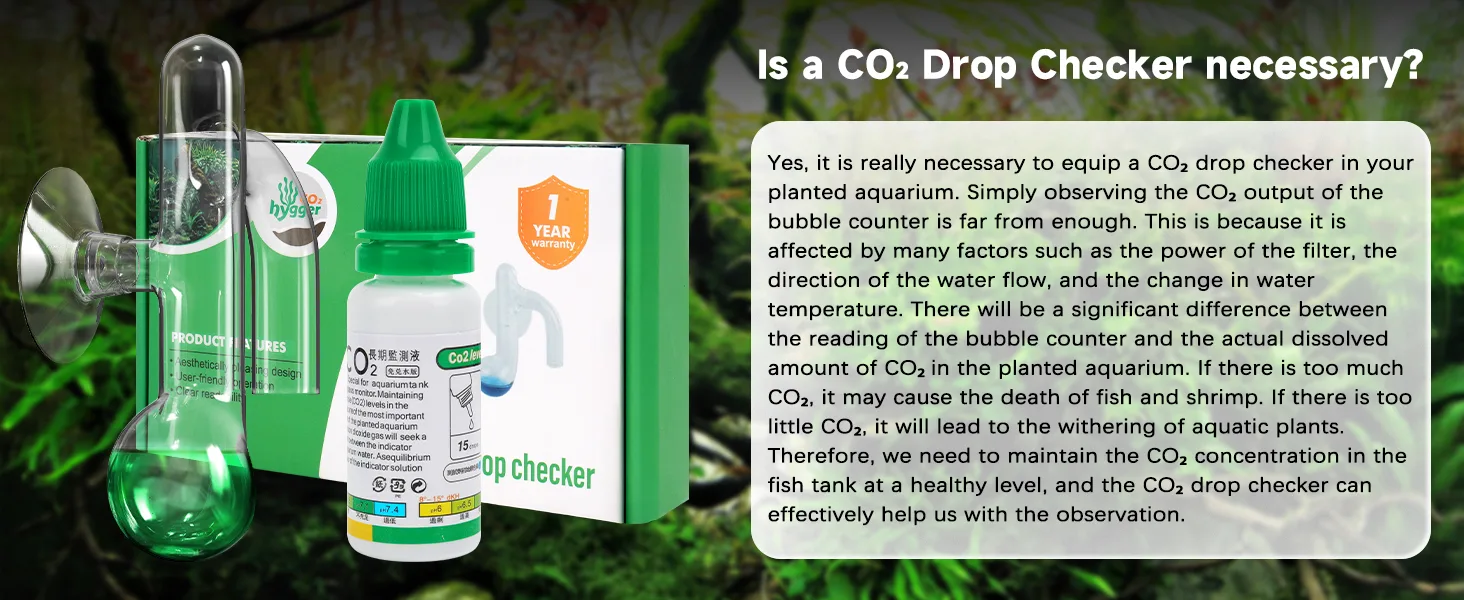 Hygger CO2 Drop Checker for planted aquariums with green liquid and bubble counter, showing product packaging and bottle.