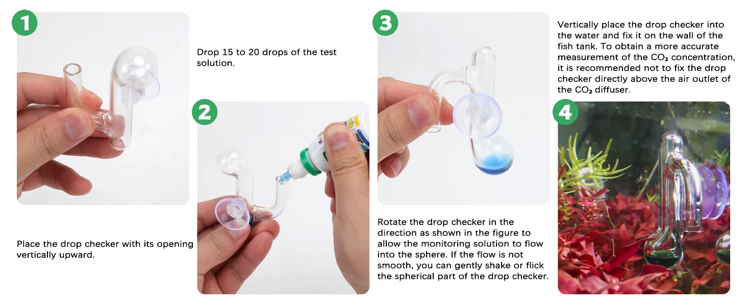 Step-by-step guide for using a drop checker in an aquarium: place vertically, add test solution, rotate for flow, and mount i