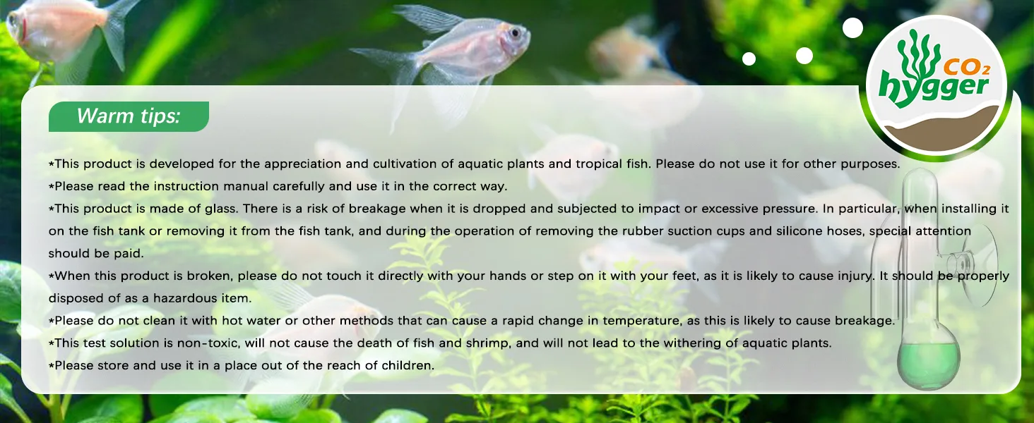 Hygger CO2 aquarium product safety tips with glass warning and tropical fish background