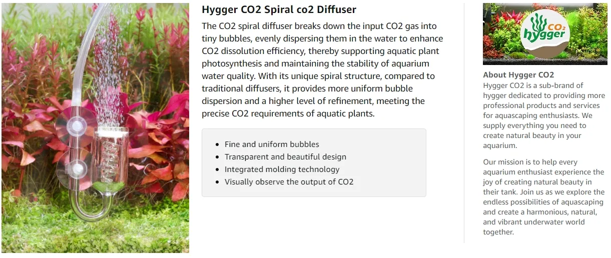 Hygger CO2 Spiral Diffuser creating fine bubbles in aquarium with vibrant plants
