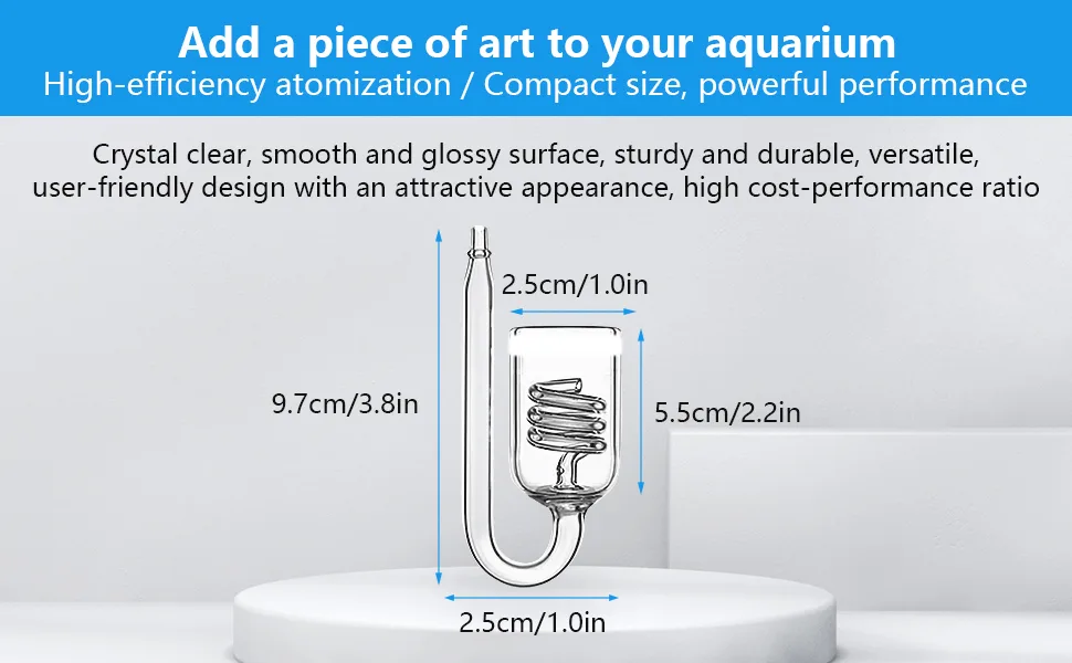 Hygger aquarium air stone with dimensions: 9.7cm tall, 5.5cm wide, 2.5cm base. High-efficiency atomization for clear water.
