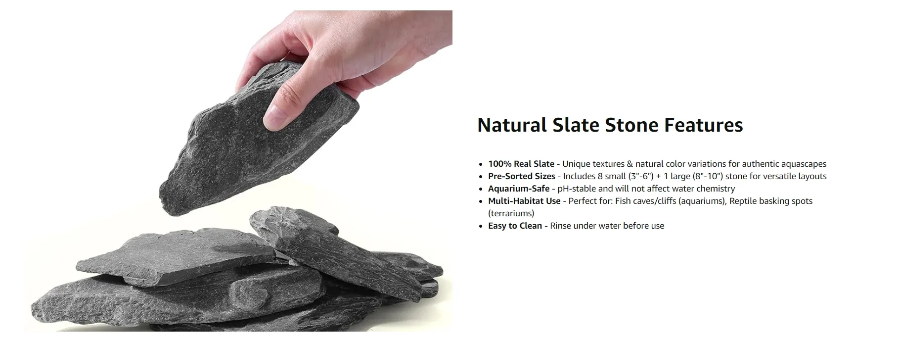 Hand holding natural slate stone with stacked stones below, showcasing features for aquariums and terrariums
