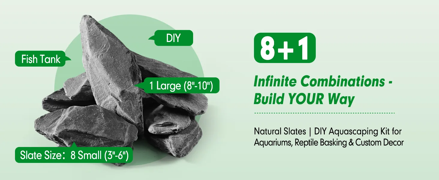 DIY Aquascaping Kit with 8 small slate rocks (3"-6") and 1 large slate (8"-10") for aquariums, reptile basking, and custom de