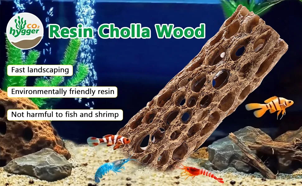 Resin Cholla Wood aquarium decoration with fish and shrimp in a planted tank, featuring fast landscaping and eco-friendly res