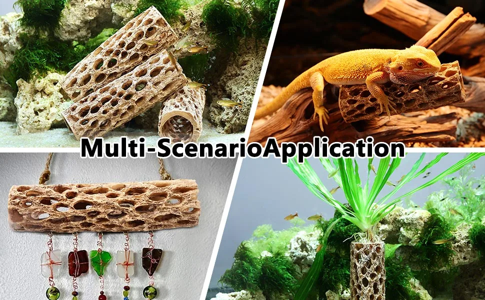 Multi-scenario aquarium decor: porous bamboo blocks for fish tanks, reptile enclosures, and hanging planters with natural tex