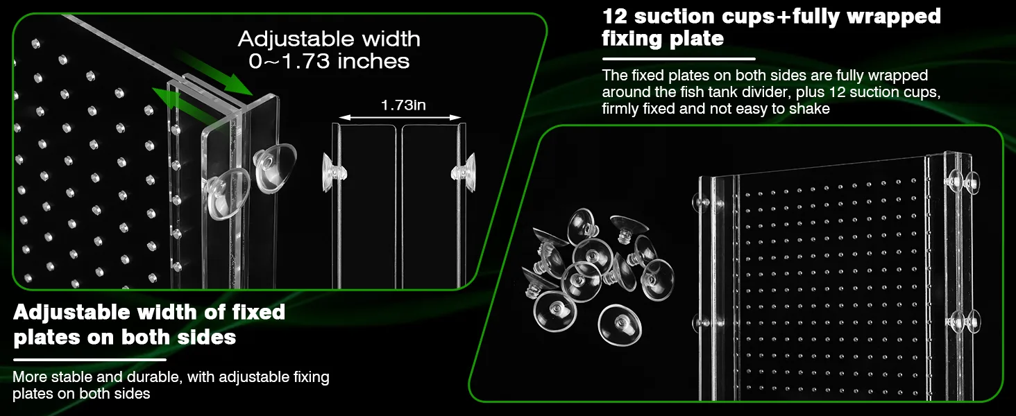 Adjustable width fish tank divider with 12 suction cups and fixed plates for stability