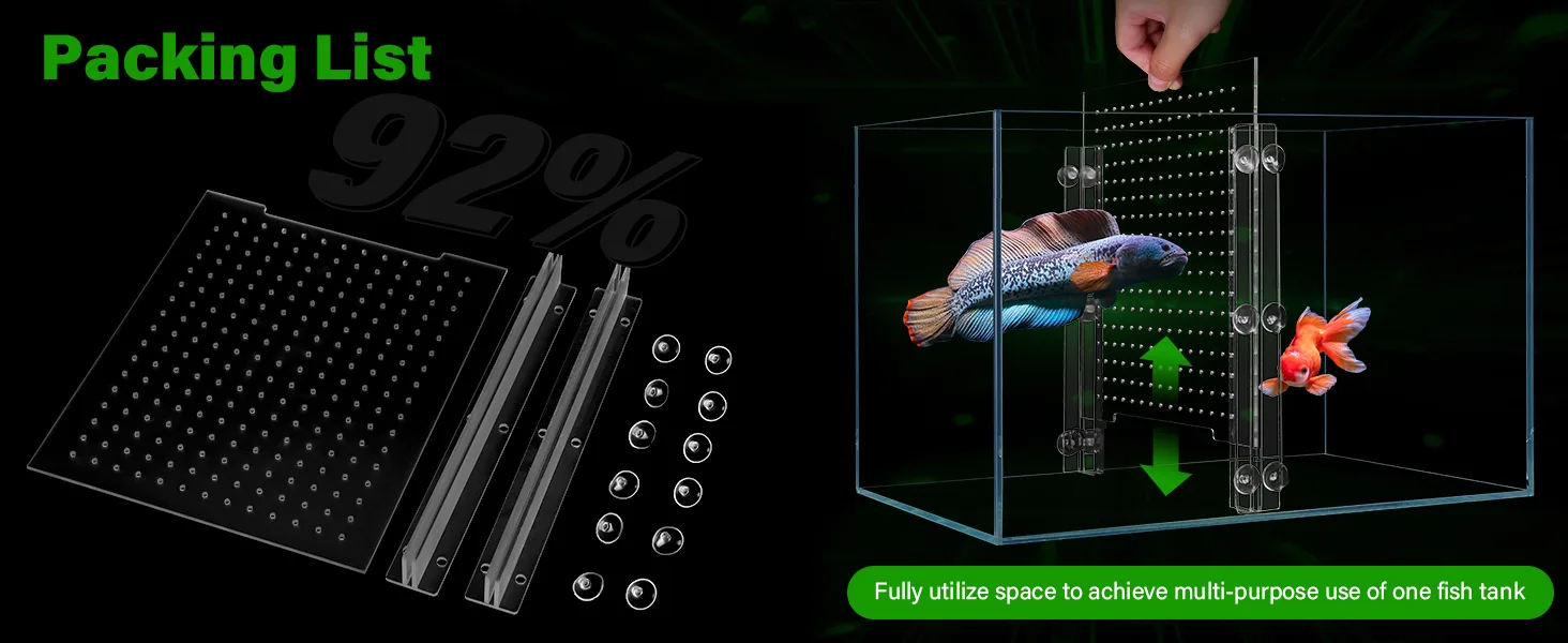 Hygger aquarium packing list showing 92% space utilization with adjustable dividers and fish tank components for multi-purpos