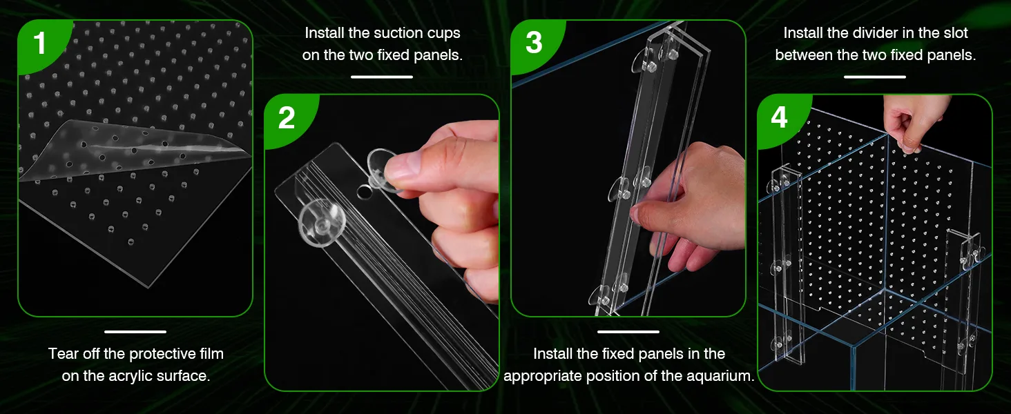 Step-by-step guide for installing Hygger aquarium panels with suction cups and dividers.