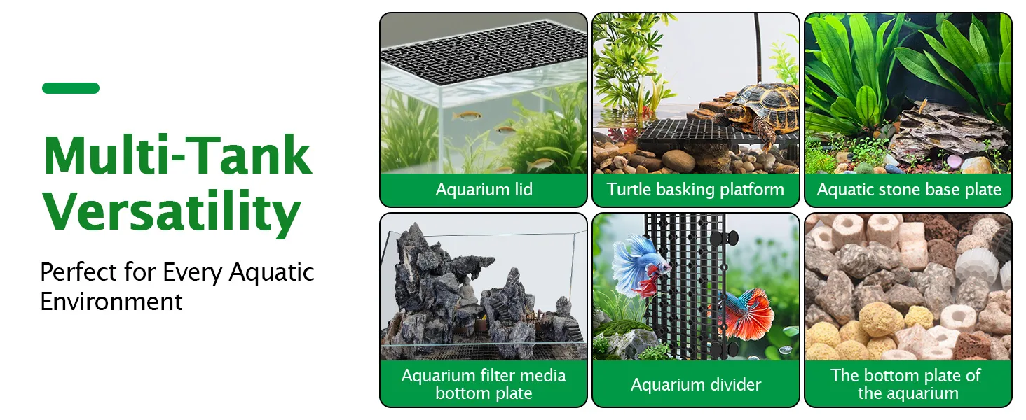 Hygger aquarium accessories: lid, turtle platform, stone base, filter media plate, divider, and bottom plate for versatile aq