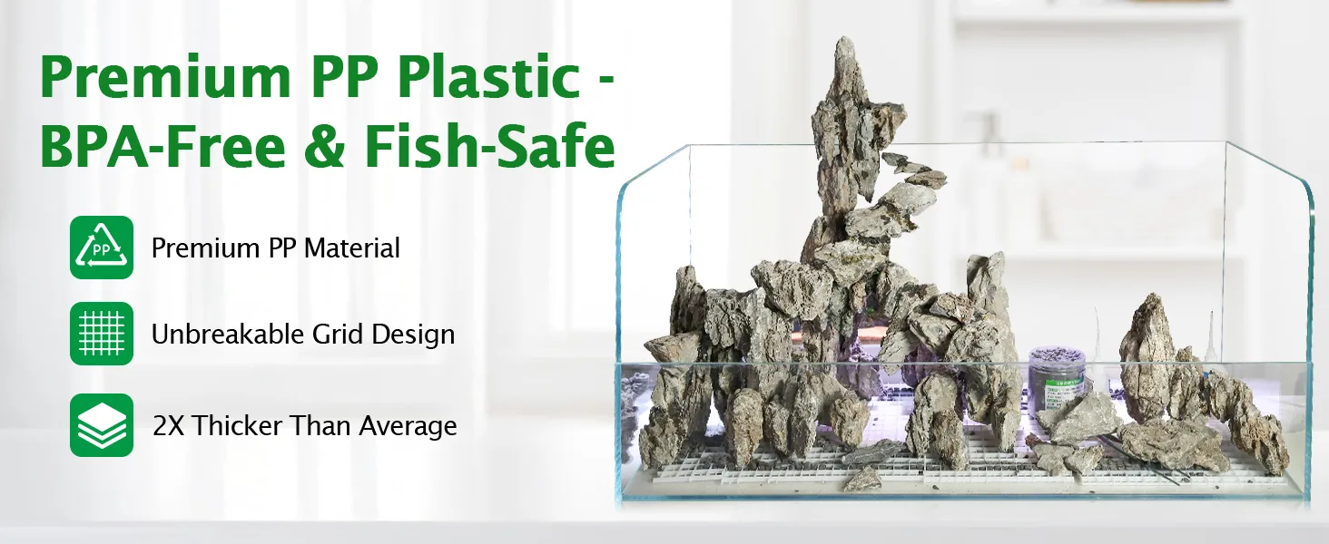 Hygger aquarium with premium PP plastic rocks, BPA-free and fish-safe, unbreakable grid design, 2X thicker than average