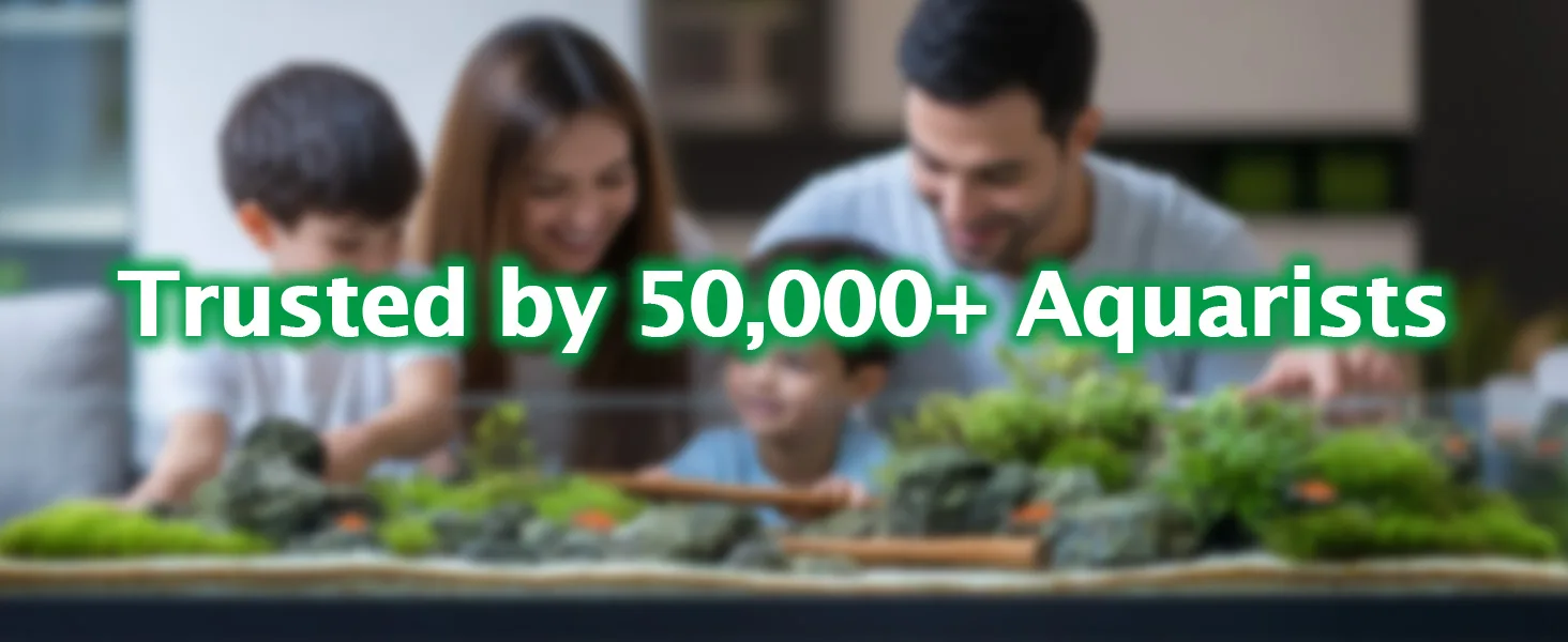 Family enjoying aquarium setup with green plants and rocks, trusted by 50,000+ aquarists