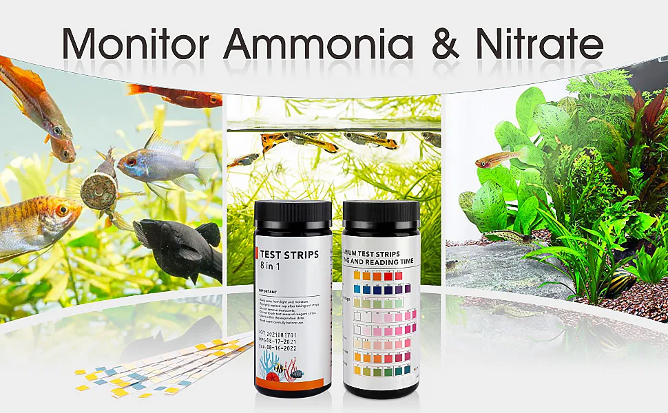 Monitor ammonia and nitrate levels in aquariums with hygger test strips for water quality testing. Includes 8-in-1 strips and
