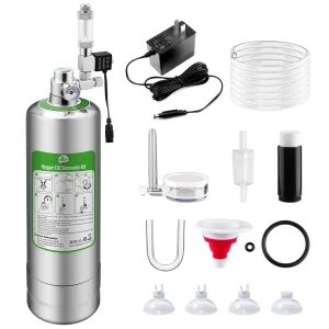Hygger CO2 Generator Kit components including tank, regulator, power adapter, tubing, and accessories for aquarium use