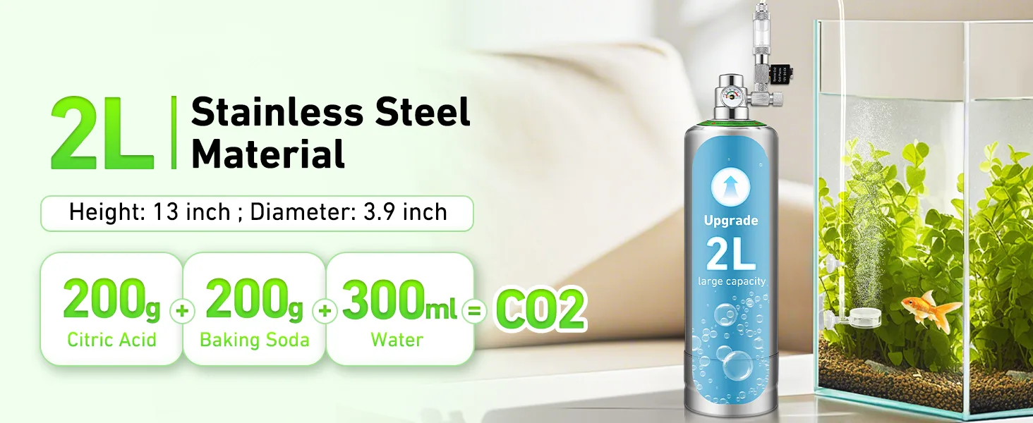 2L stainless steel CO2 tank for aquariums with upgrade label, showing dimensions and CO2 mixing formula (200g citric acid + 2