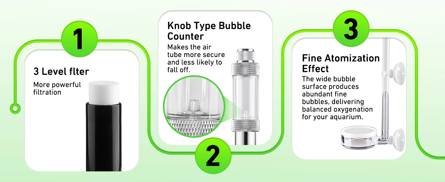 Hygger aquarium air pump features 3-level filter, knob type bubble counter, and fine atomization effect for efficient oxygena