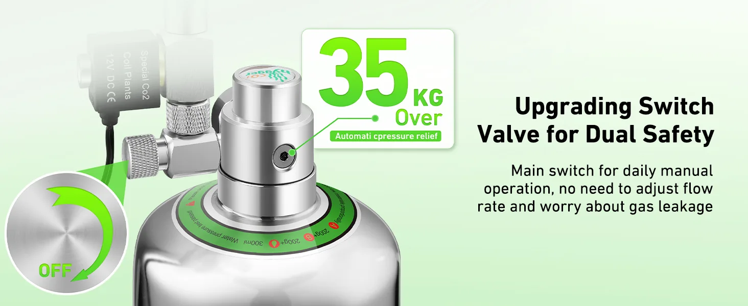 Hygger aquarium CO2 regulator with 35kg overpressure relief valve and upgrading switch for dual safety