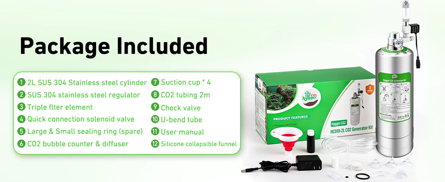 Hygger CO2 Generator Kit package contents: 2L stainless steel cylinder, regulator, filter element, solenoid valve, sealing ri