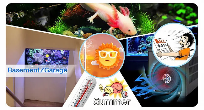 Hygger Aquarium: Summer cooling solutions for basement/garage aquariums with energy-efficient fans and sun protection.