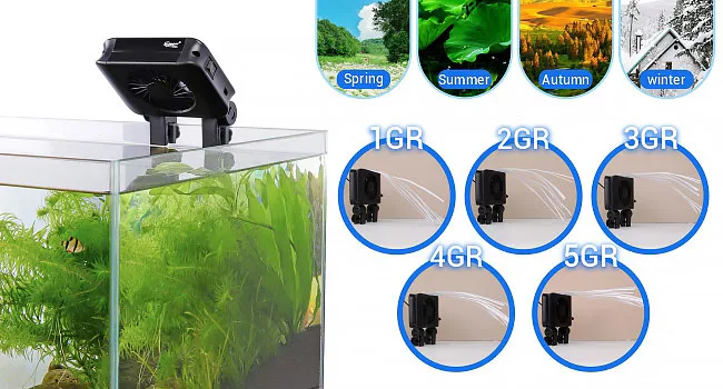 Hygger aquarium LED light with seasonal settings (Spring, Summer, Autumn, Winter) and adjustable brightness options (1GR-5GR)