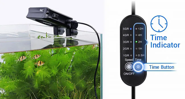Hygger aquarium LED light controller with time settings for fish tank, showing adjustable brightness levels and timer functio