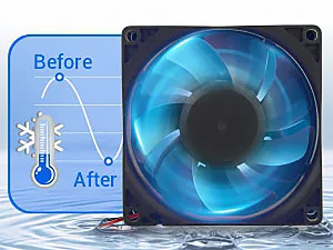 Hygger aquarium cooler fan reducing water temperature before and after use with thermometer graphic
