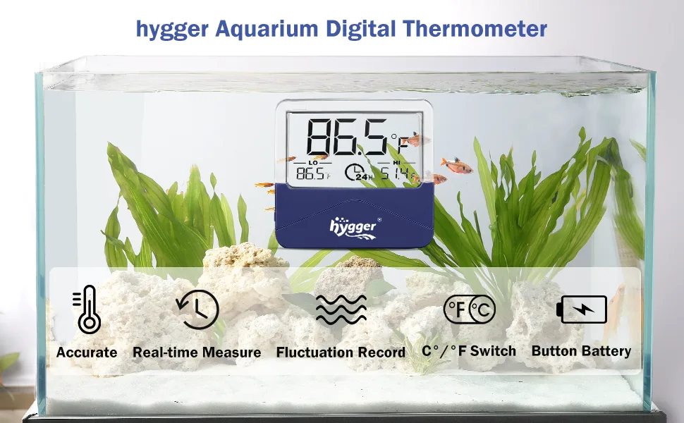 Hygger Digital Aquarium Thermometer showing 86.5°F in a fish tank with plants and rocks, featuring real-time measurement, flu