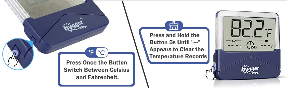 Hygger aquarium thermometer with Celsius/Fahrenheit switch and temperature record clearing instructions.